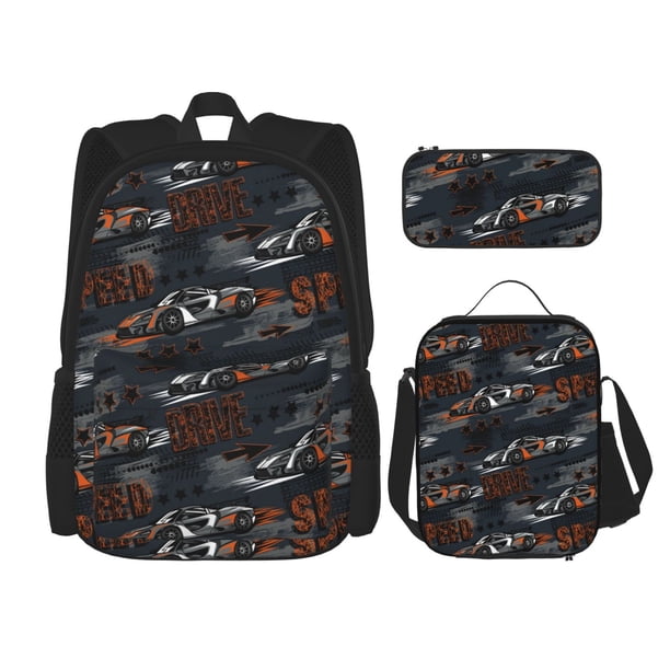 Disketp Cool Sports Car Mochila Estampada de Gran Capacidad con Lonchera y Estuche, Set de 3 Piezas para Estudiantes