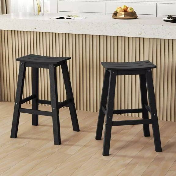 Auranook Patio Bar Stool Set of 2, 29 Inch HDPE Bar Height Armless Saddle Stools w/ Curved Seat & Footrests, Outdoor Backless High-Top Slatted Barstools