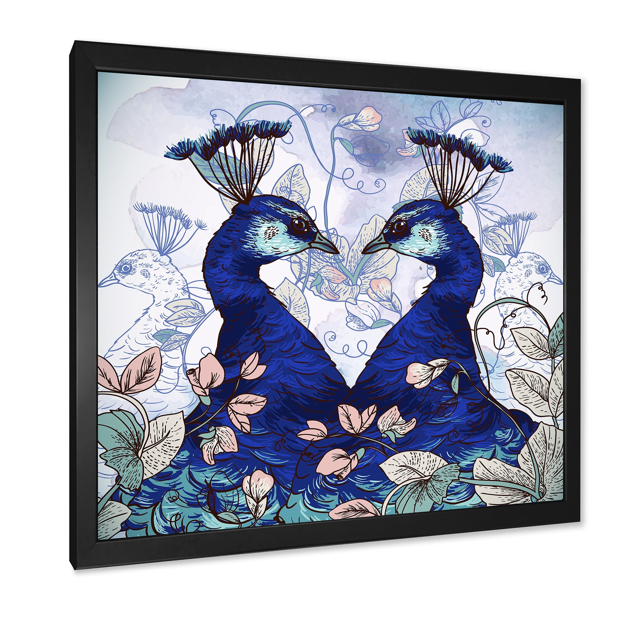 Designart 'Wildflowers With Two Blue Peacocks' Traditional Framed Art Print