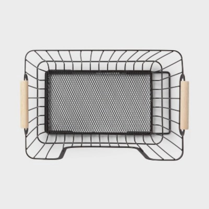 Metal Stackable Wire Pantry Basket with Rubber Wood Handle Black - Kitchen Storage Organizer, 9"x13.5"