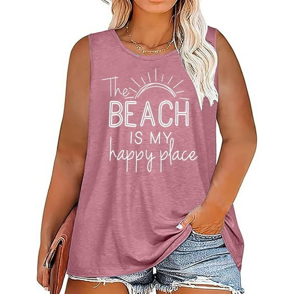 DEXIO Plus Size Tank Tops for Women The Beach is My Happy Place Tank Tops Women Summer Beach Tank Casual Sleeveless Vacation Shirt Camis