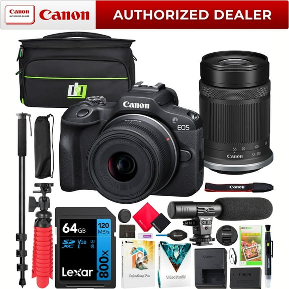 Canon EOS R100 Mirrorless Camera Body with 2 Lens Kit RF-S 18-45mm IS STM and RF-S 55-210mm IS STM  Bundle with Deco Gear Photography Bag   Microphone   Monopod   Software & Accessories Kit