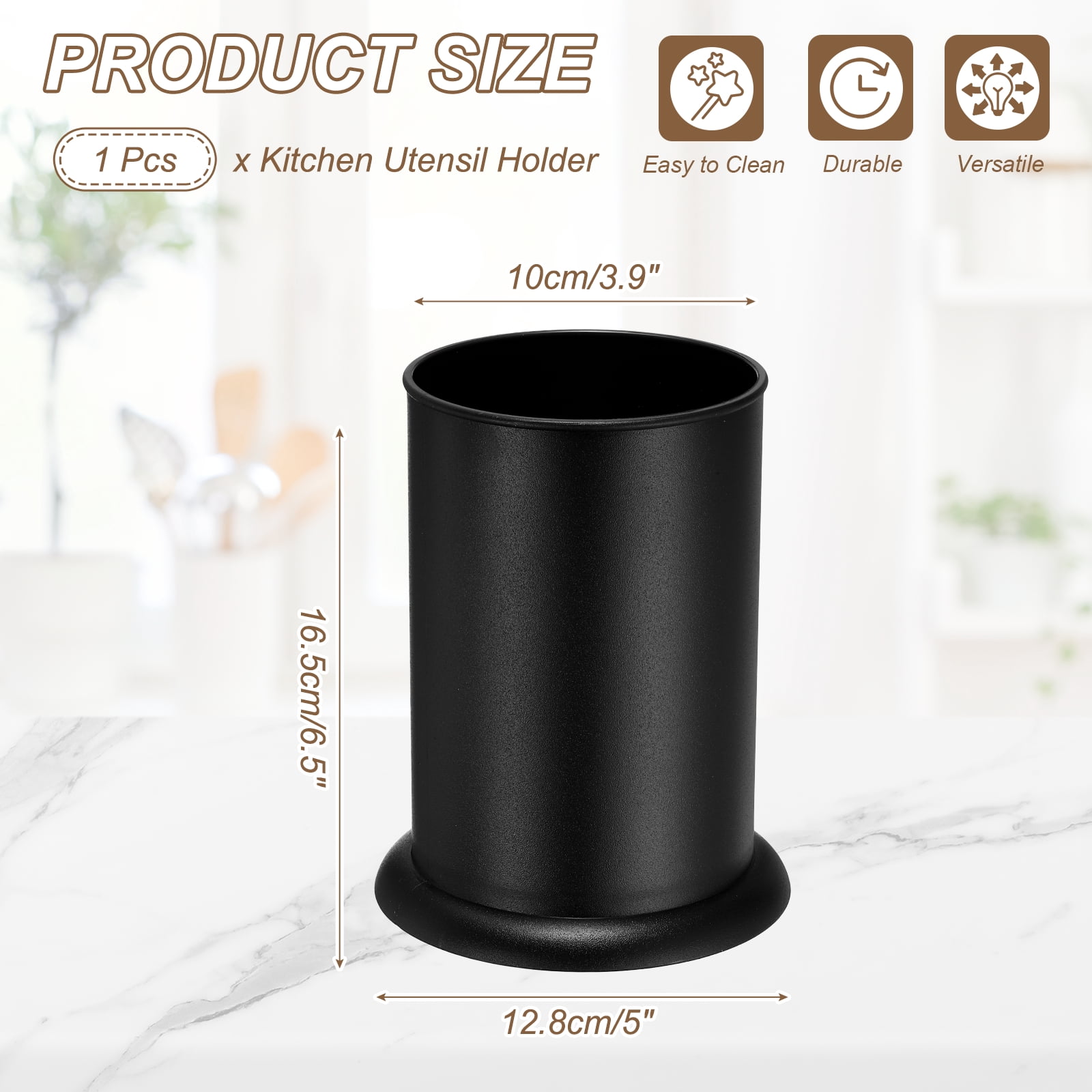 Uxcell Kitchen Utensil Holder, 5x6.5" Plastic Utensil Cutlery Holder Round Flatware Organizer with Drain Hole for Kitchen Restaurant Countertop Straw, Spoon, Chopstick, Black