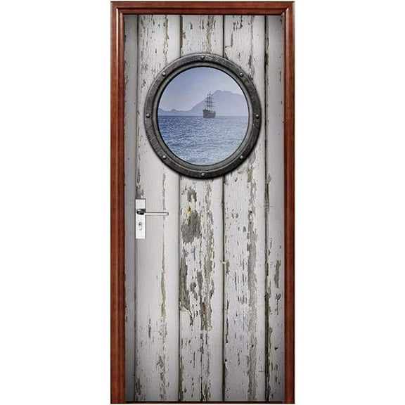 Wooden Hut Self Adhesive Door Poster 3D Wallpaper Door Trompe l'oeil for Living Room Bedroom Home Decoration Waterproof Wall Stickers (95x215cm)