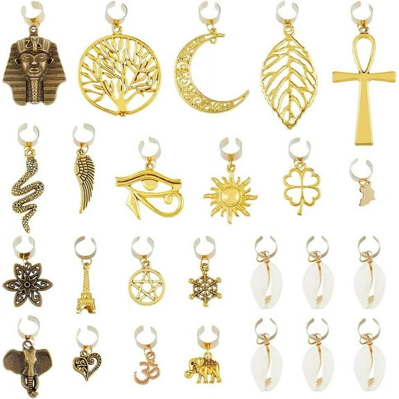 25Pcs 20 Styles Gold Hair Cuffs Hair Jewelry for Women Braids Vintage African Pendant Hair Charms Adjustable Locs Hair Alloy Charms for Hair Decoration
