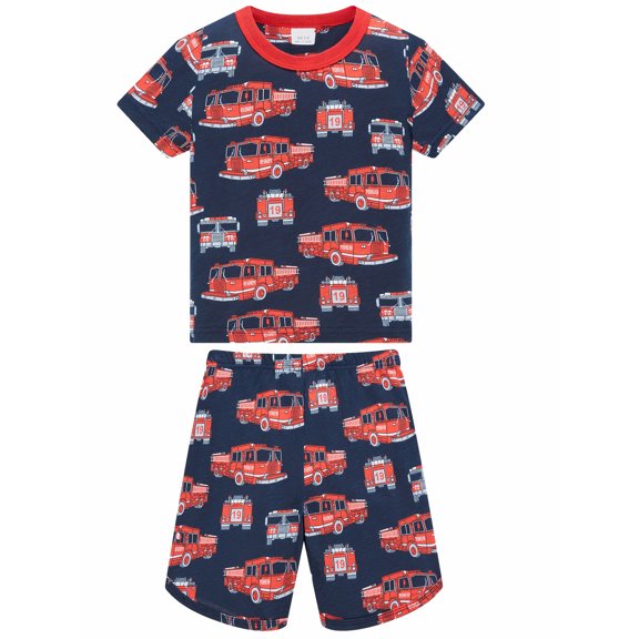 QEFJNO 2-8Y Kids Boys Cotton Pajamas Set 2PCS Short Sleeve Top and Shorts for Toddler Boys Fire Truck Pjs Summer