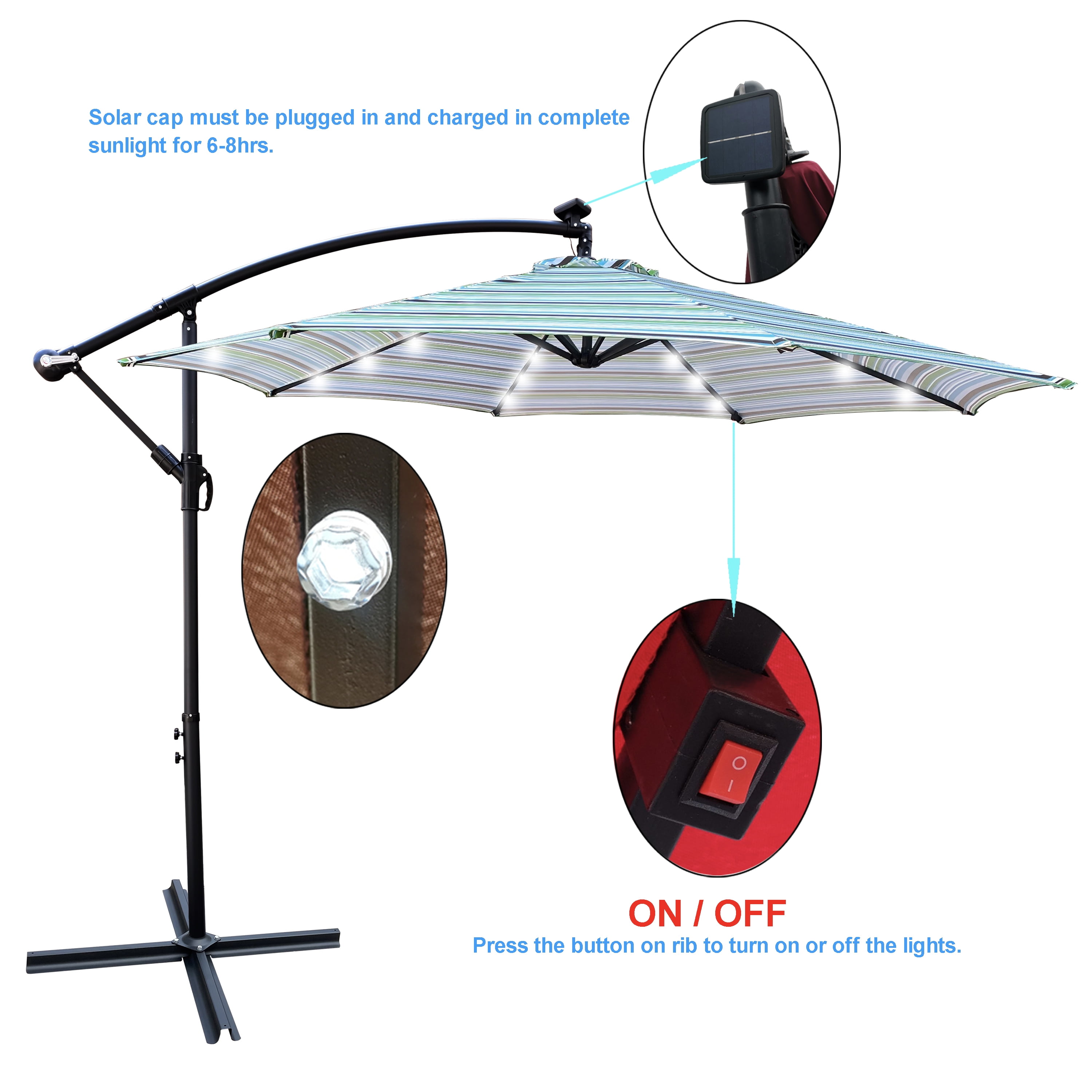 Royard Oaktree 10FT Patio Offset Umbrella w/Solar LED Lights Outdoor Cantilever Hanging Umbrella w/Crank & Cross Base UV Protection Sun Shade for Market Garden Lawn Deck Backyard Pool,Blue striped