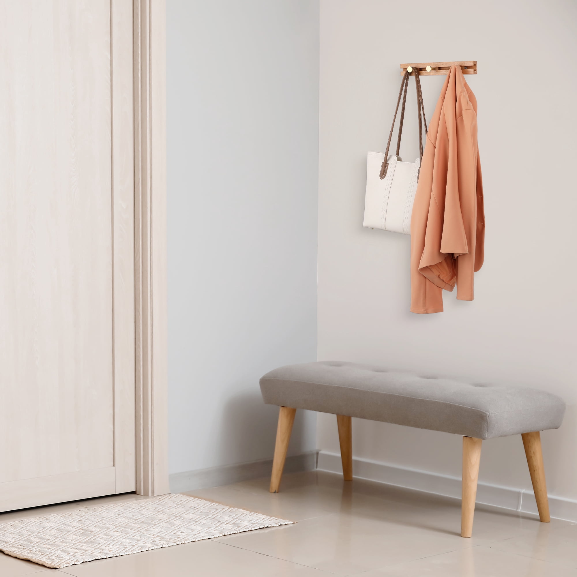 Unique Bargains Coat Rack Wall Mount Wood Coat Hook for Hanging with 3 Hooks Brown