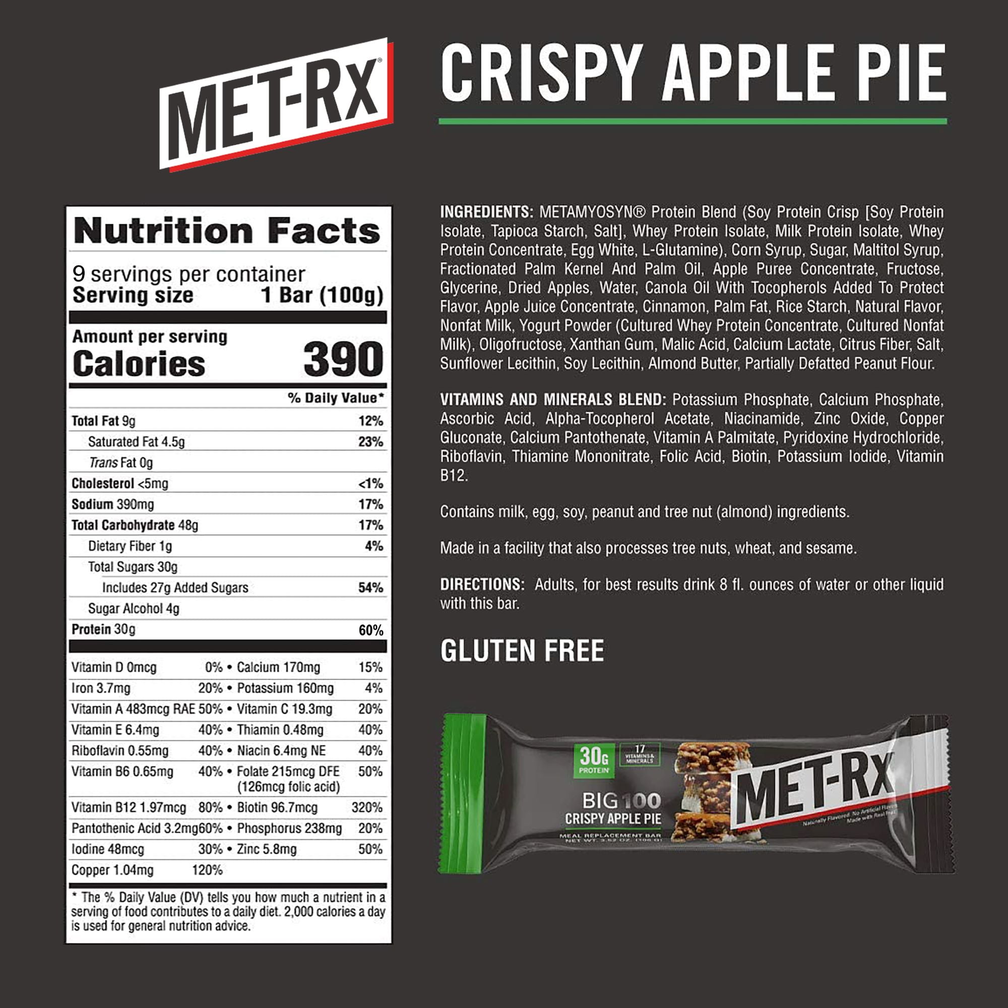 MET-Rx Big 100 Protein Bar, Crisp Apple Pie, 31g Protein, 9 Ct