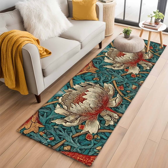 Runner Rug 2 x 6 Ft, William Morris Plant Floral Washable Non-Slip Floor Mat for Kitchen Hallway/Entryway, Retro Lotus Flower Leaves Long Kitchen Runner Area Rugs for Living Room, Low-Profile