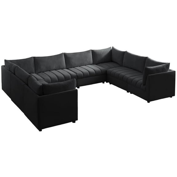 Maklaine Contemporary Velvet Modular Sectional w/ Deep Channel Tufting in Black
