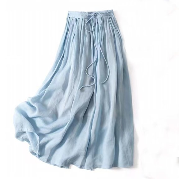 Xaqiouau Women's High Waisted Drawstring Flowy Maxi Skirt Lightweight Breathable Linen Casual Boho Long Skirt for Summer Beach Vacation Everyday Wear