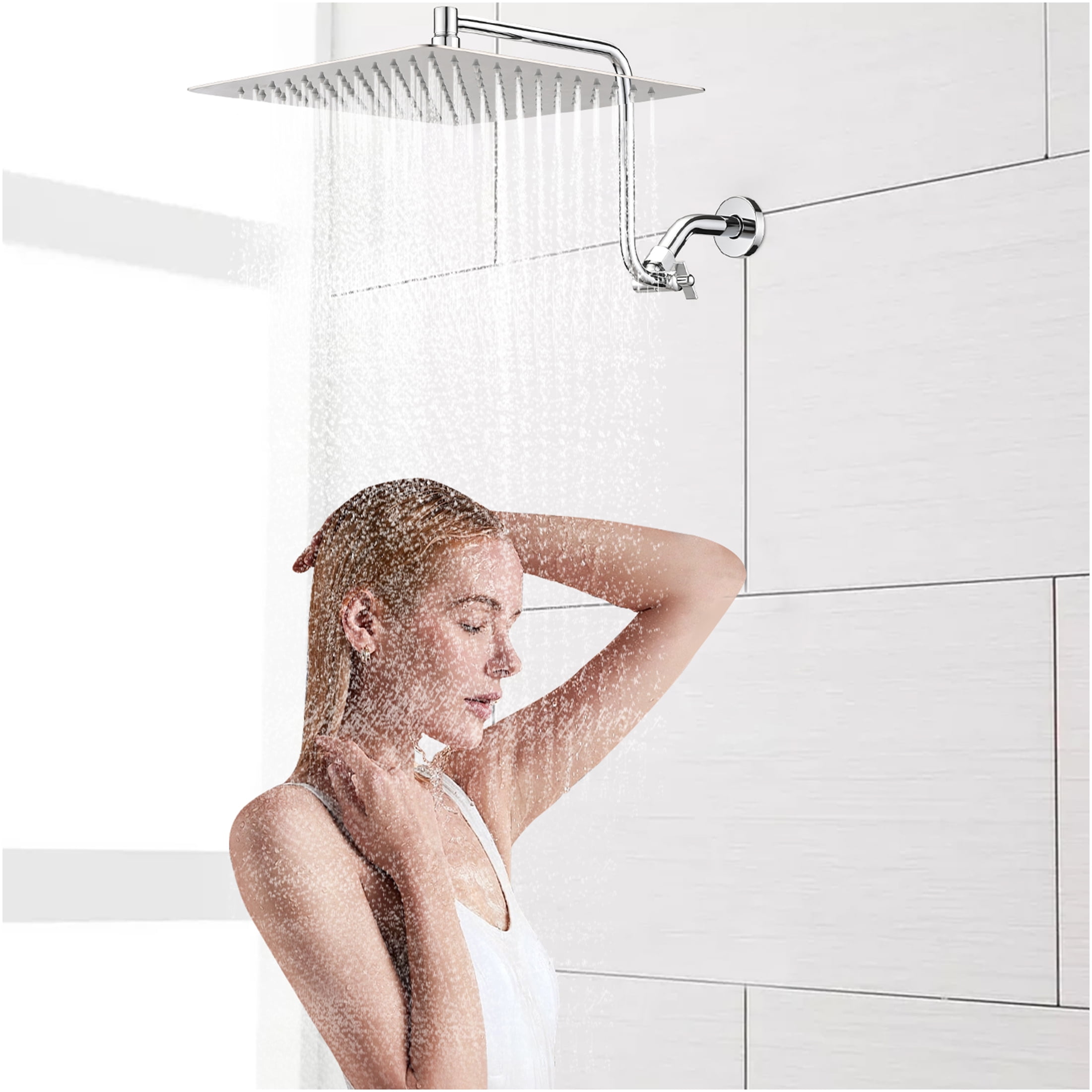 JERFIT 12 Inch Square Rain Shower Head with Adjustable Extension Arm, Wall Mounted High Pressure Stainless Steel Showerhead, Chrome Finish