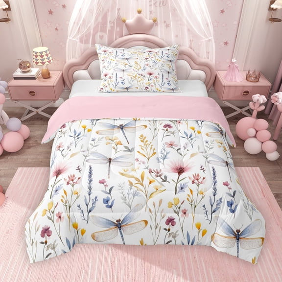 Erosebridal Spring Garden Flower Twin Comforter Sets, Girls Floral Dragonfly Bedding Set, Pink Reversible, 1 Comforter and 1 Pillowcase