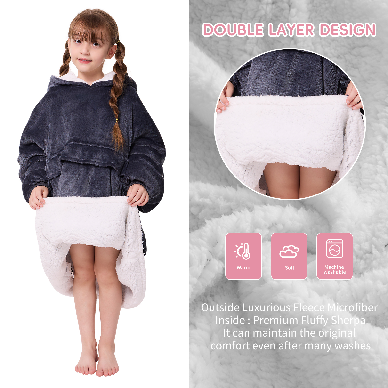 PMONPA Wearable Blanket Hoodie for Kids, Soft Double Layer Sherpa Fleece Sweatshirt,Teen Gifts for Kids, Youth, Boys, Girls, One Size, Gray