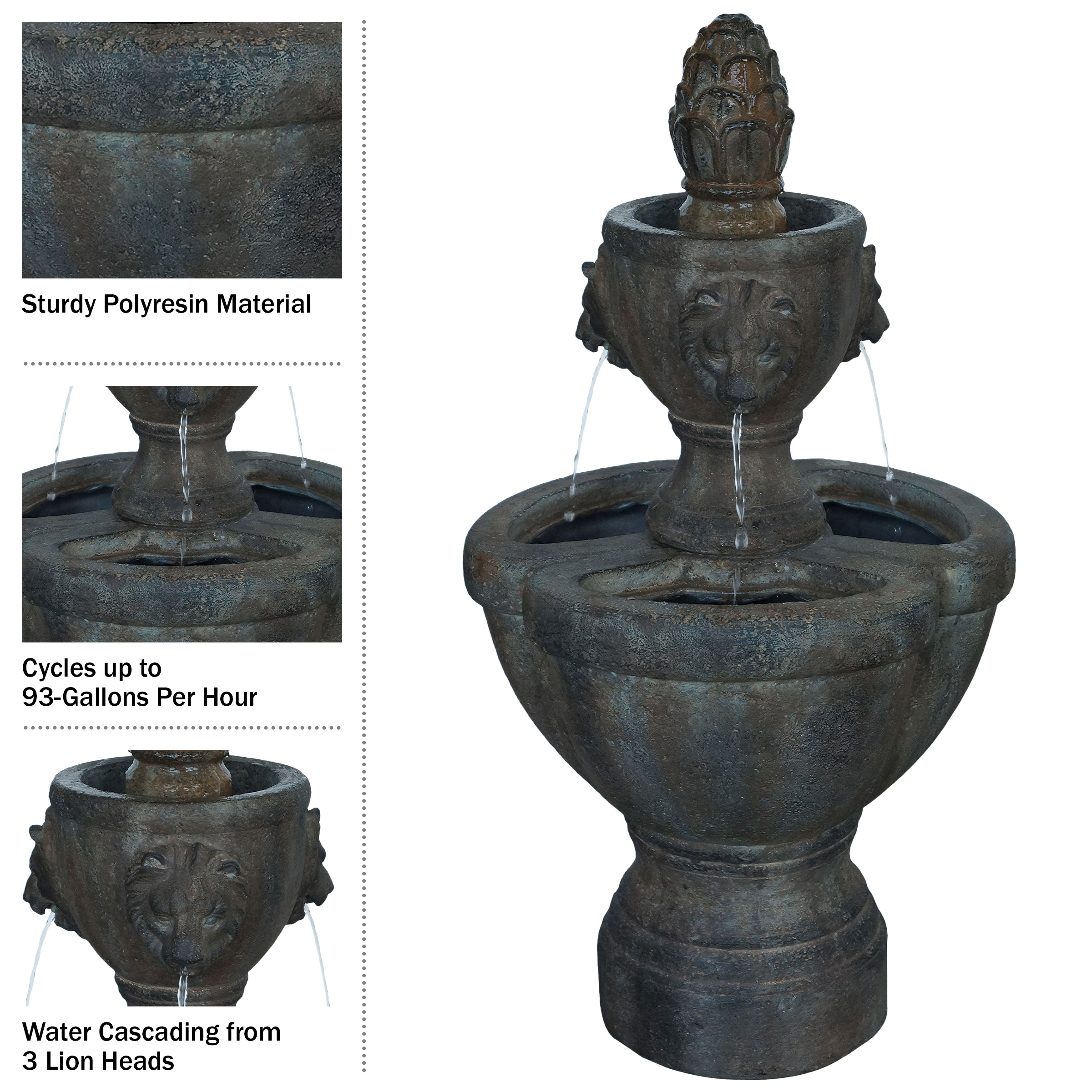 Pure Garden Polyresin Lawn and Garden Water Fountain with Lion Head Detail