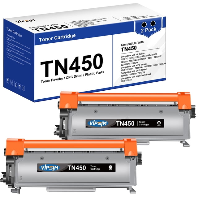 Cartucho de tóner VIPSIM TN450 negro, paquete de 2 unidades para impresora Brother