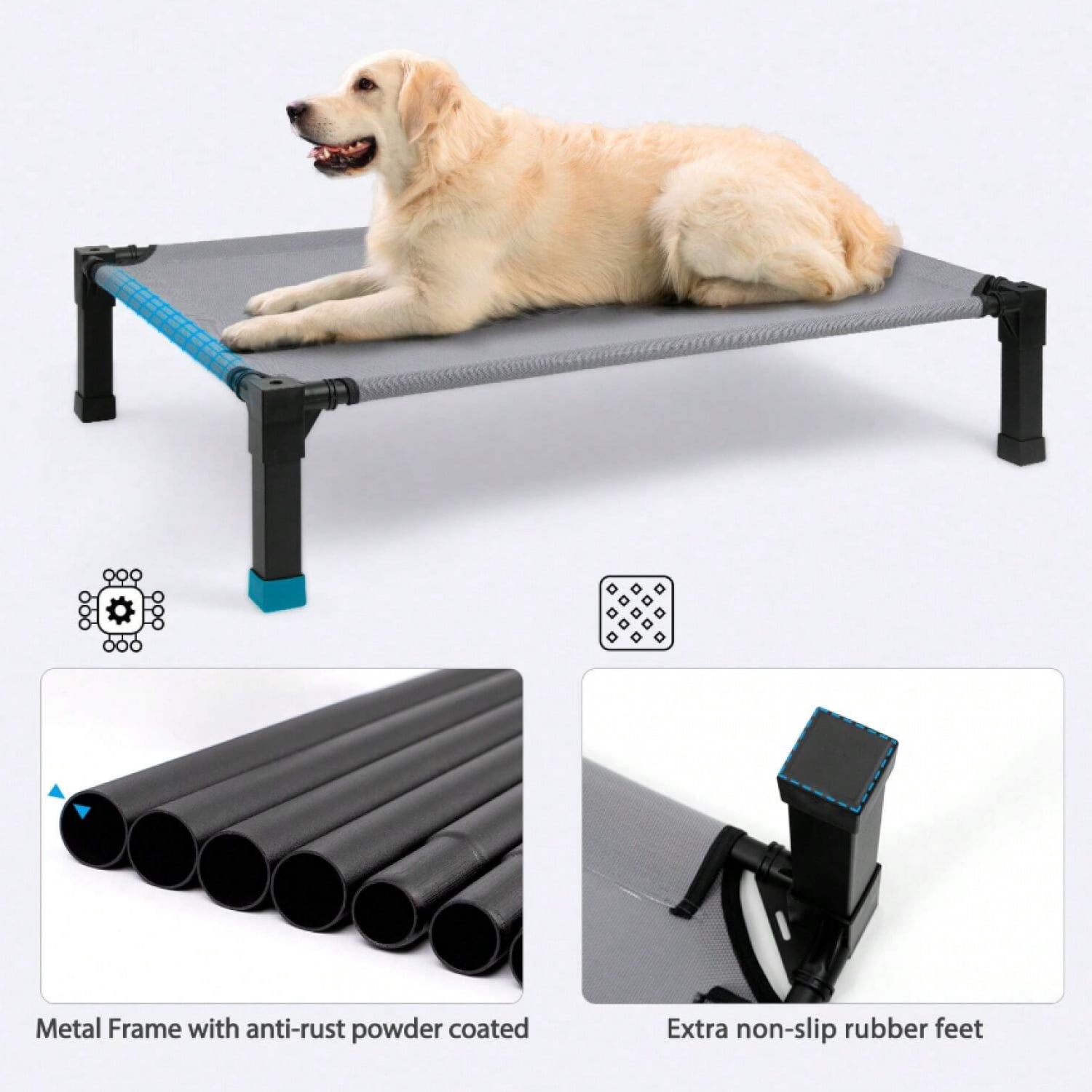 NTGFU Cooling Elevated Dog Bed, Raised Dog Bed with Washable Breathable Mesh and Metal Frame, Portable Dog Cot Bed with No-Slip Feet for Outdoor and Indoor Use-Grey-35'' x 25'' x 7.5''