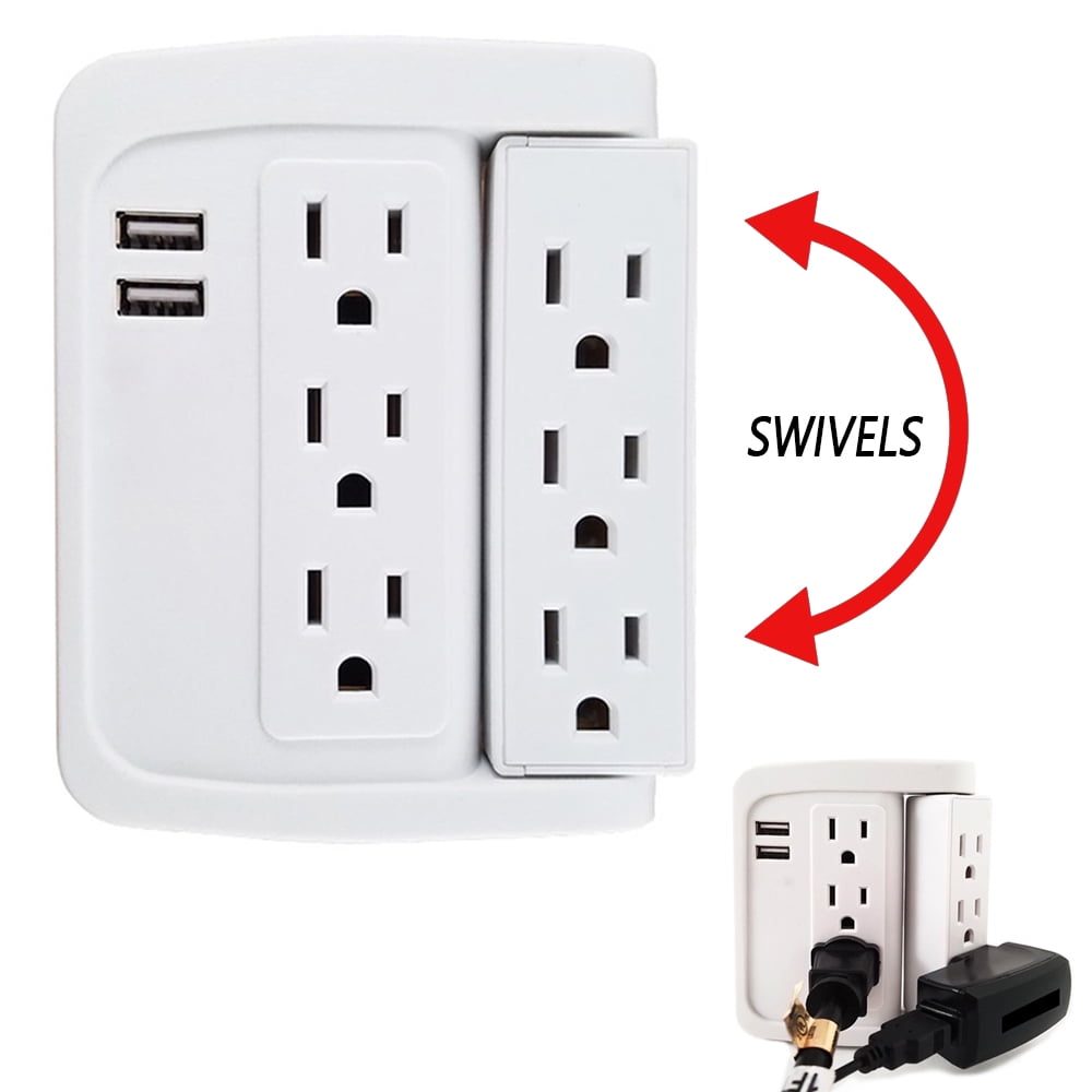 4X 6 OUTLET SURGE PROTECTOR GROUNDING WALL TAP CHARGER 2 USB PORTS 2.1A ADAPTER 