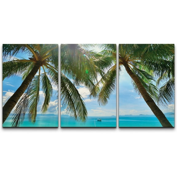 wall26 Canvas Print Wall Art Set Palm Trees & Boat on Blue Beach Nature Wilderness Photography Realism Rustic Scenic Relax/Calm Multicolor for Living Room, Bedroom, Office - 16"x24"x3 P