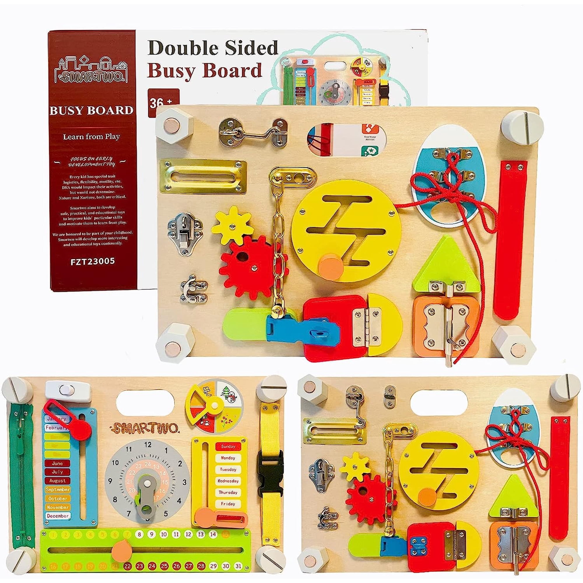 Smartwo Double-sided Montessori Activities Busy Board for Toddlers Wooden Sensory Toy for Kids Aging 2-6 Years Old