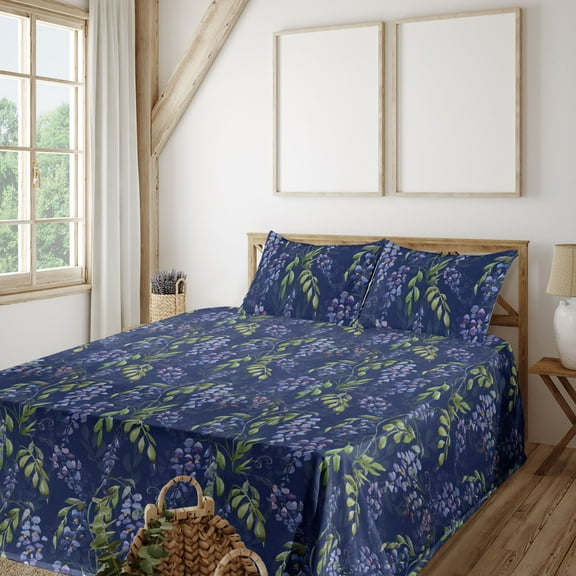 Ambesonne Spring Fitted & Flat Sheet with Shams 4 Pcs Set, Wistaria Flowers with Leaves, King, Sage Green and Dark Blue