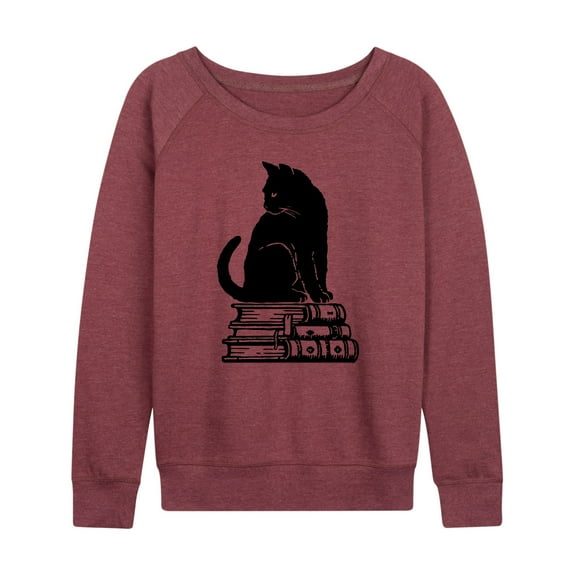 Instant Message - Black Cat On Books - Women's Lightweight French Terry Long Sleeve Shirt