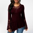 thumbnail image 1 of Women's Long-Sleeved Lace Stitching Shirts Round Neck Irregular Blouses Tops, 1 of 1