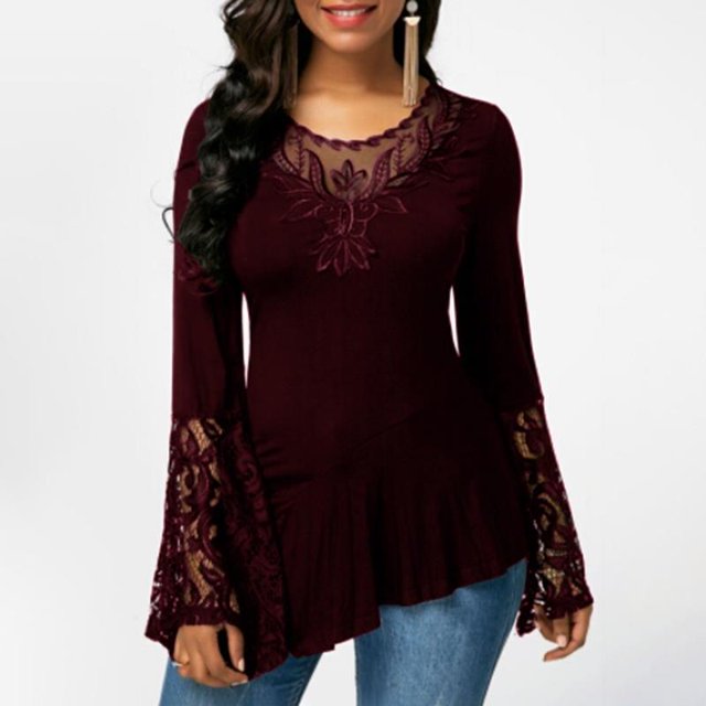 Women's Long-Sleeved Lace Stitching Shirts Round Neck Irregular Blouses Tops