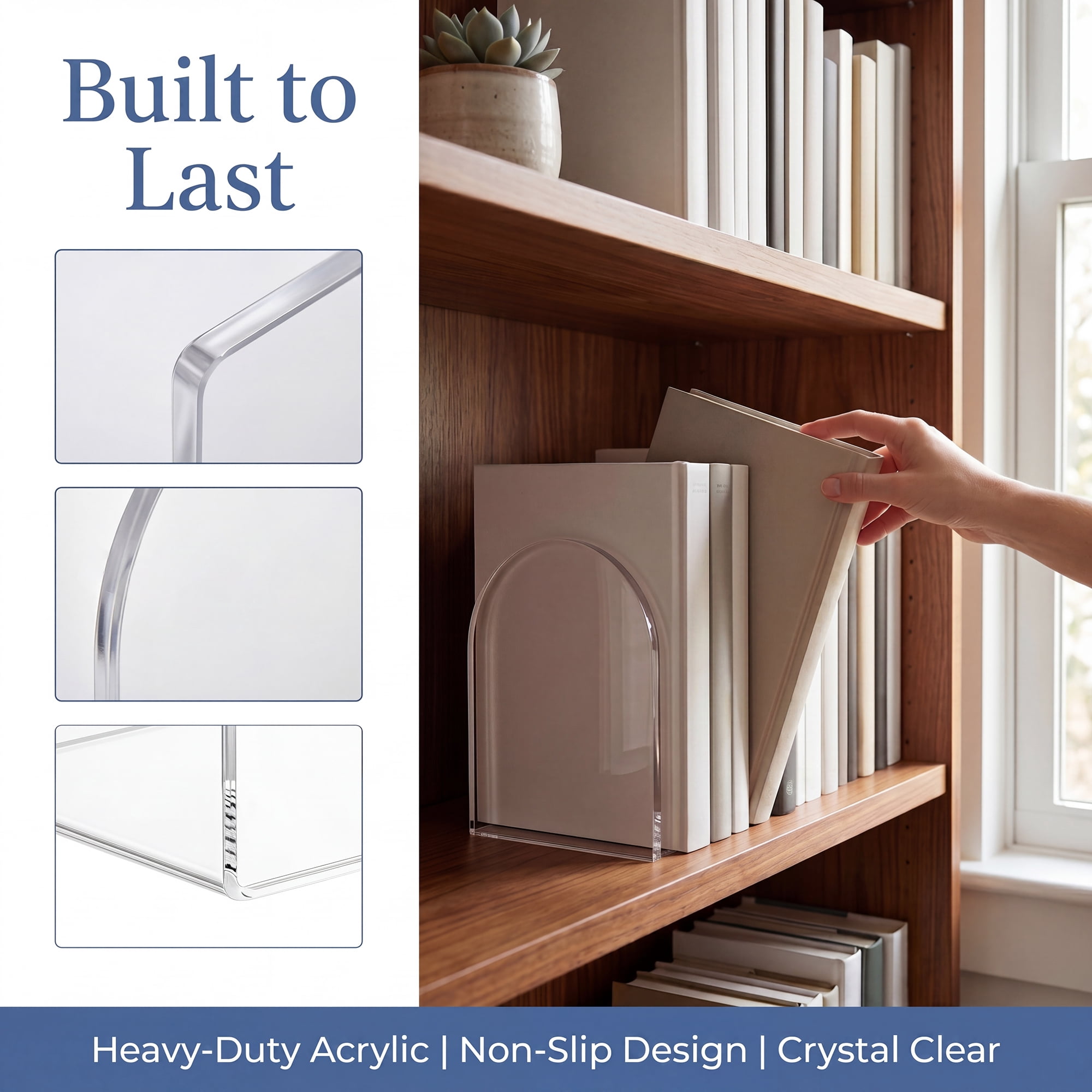 Unique Bargains 2Pcs Clear Acrylic Modern Non-Skid Bookends Clear White 4.7*3.9*6.1inch