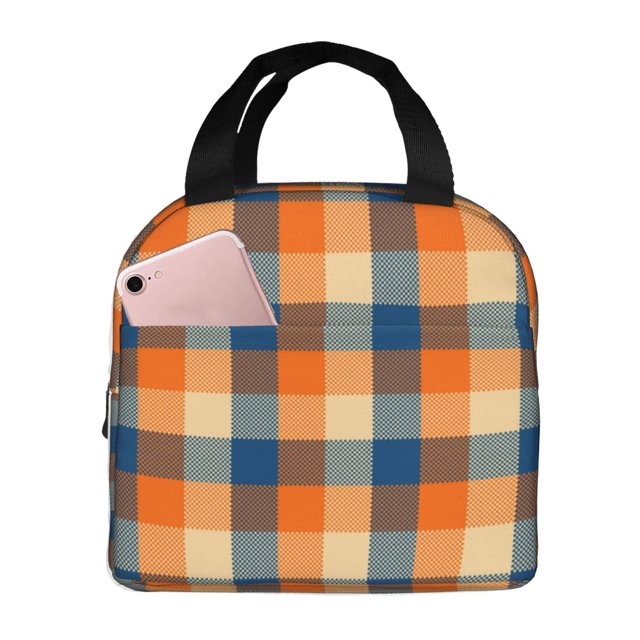 Balery Warm Orange Plaid Bolsa de Almuerzo Aislada – Caja de Almuerzo con Papel de Aluminio Grueso, Mantiene la Comida Fresca por 4 Horas