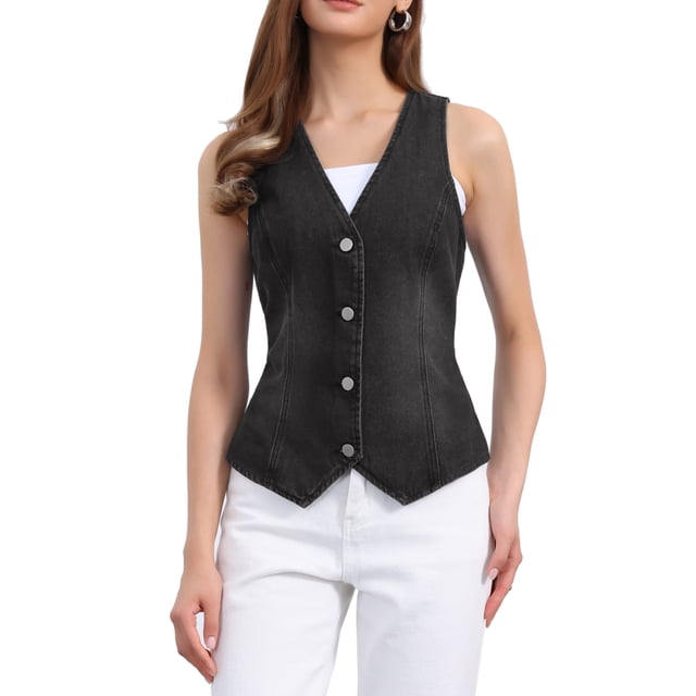 Chaleco de mezclilla sin mangas para mujer INSPIRE CHIC, con cuello en V y botones, chaqueta casual negra talla L
