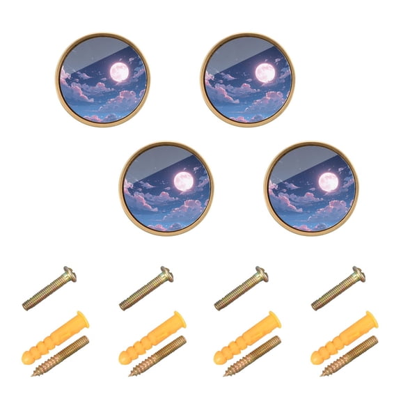 JIALIOU Kitchen Cabinet Knobs Round Zinc Drawer Pulls, Sky with Clouds and Full Moon, 4 Pack