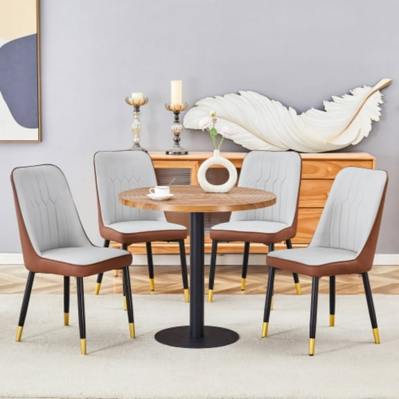 TesNus 31.5" Round Dining Table Set, Wood Grain Top with PU Leather Chairs and Gold Tip Legs, 5-Piece for Kitchen