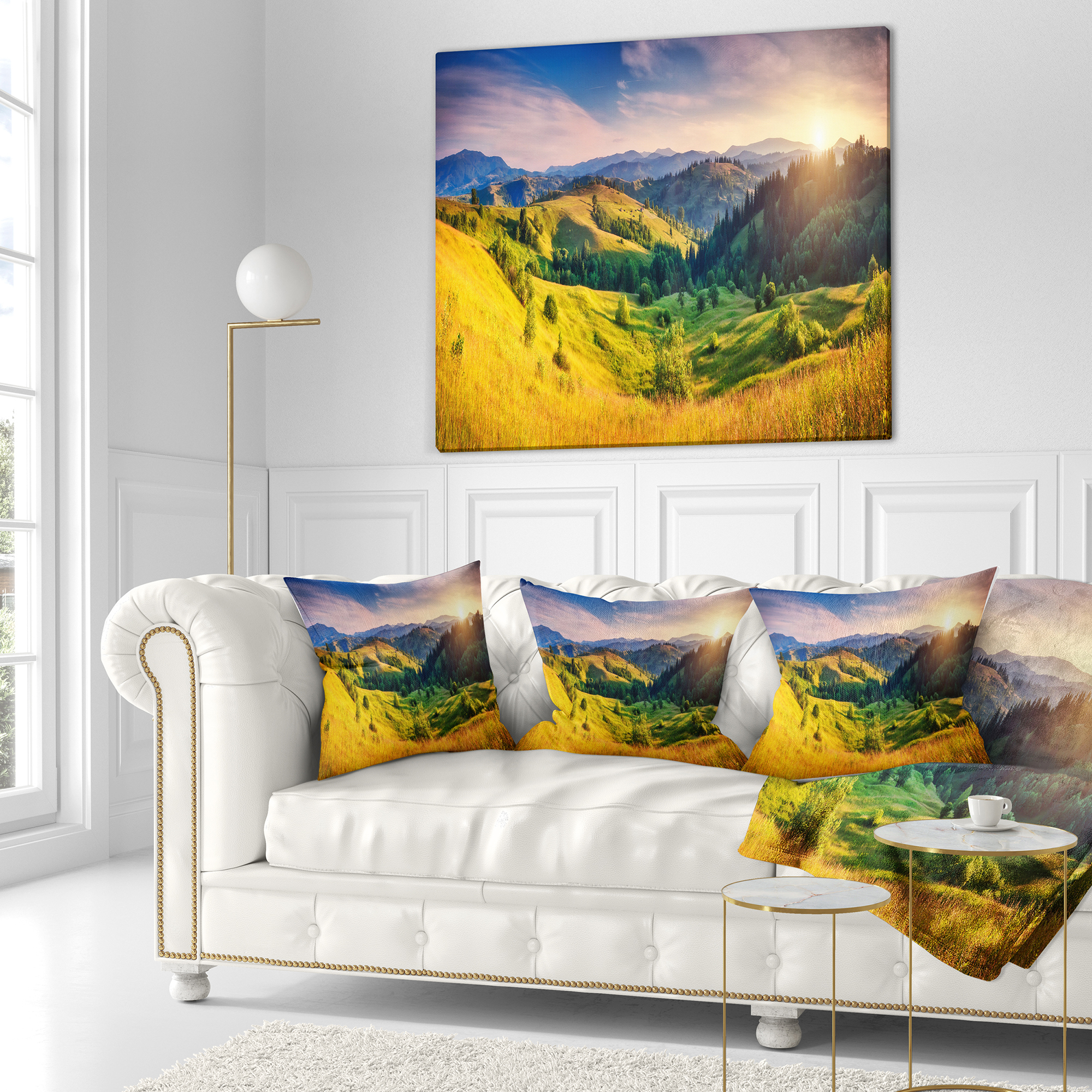 Designart Green Hills Glowing by Sunlight - Landscape Printed Throw Pillow - 18x18