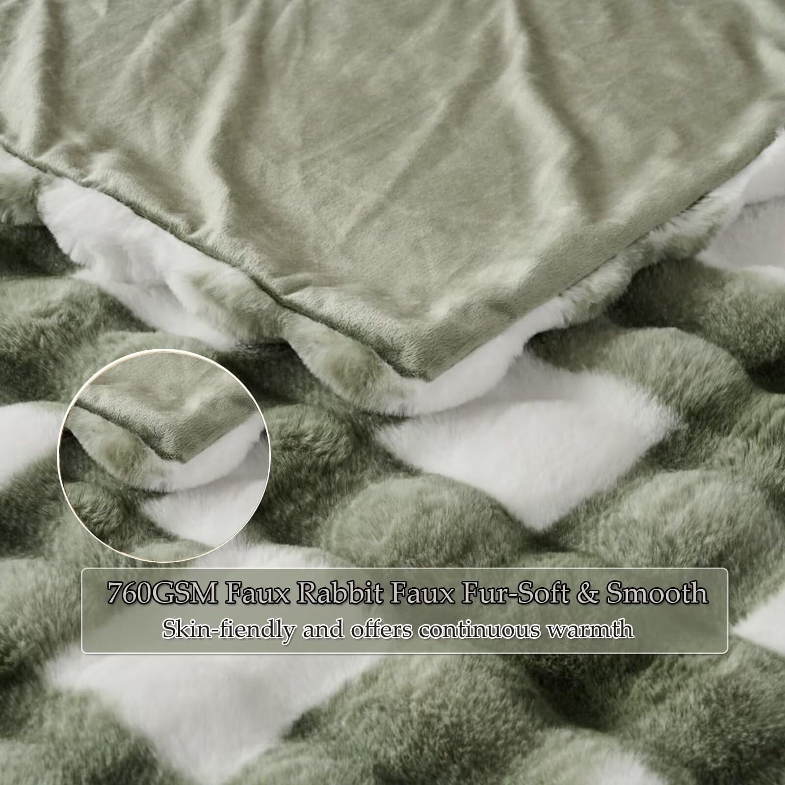 760GSM Faux Rabbit Faux Fur Throw Blanket,Super Thick Warm Bubble Blanket Throw,Fuzzy Luxury Plush Decorative Blanket for Couch Bed Sofa(Sage Green Grid Print,60''x 80'')