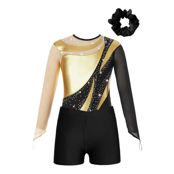 Miutii Girls 3Pcs Gymnastics Outfits Long Sleeve Jersey Leotards with Athletic Shorts Hair Band Balllet Unitards Gold 12