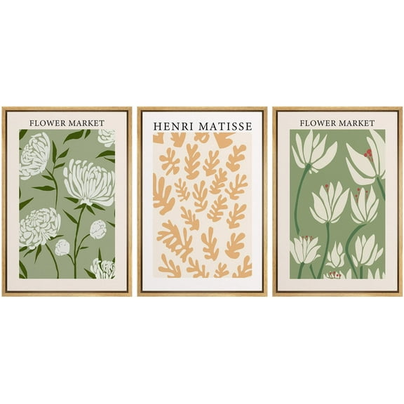 IDEA4WALL Framed Canvas Print Wall Art Set of 3 Henri Matisse Flower Market Abstract Floral Botanical Prints Minimalist Modern Art Boho Relax Cozy Artwork for Home Decor - Natural 24"x36"x3