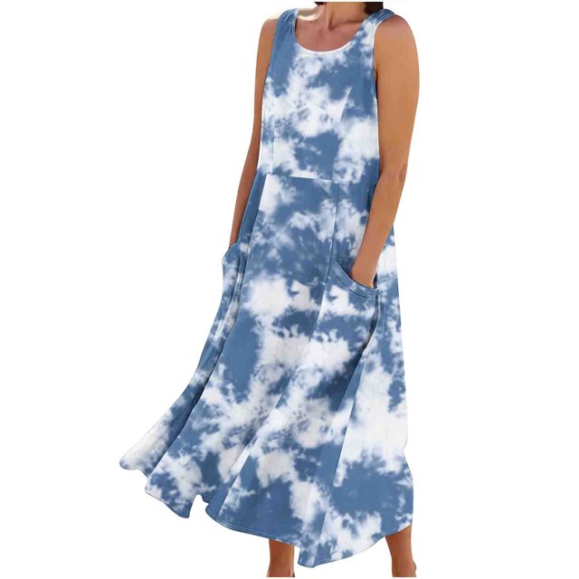 Besolor Femme Été Sans Manches Débardeur Imprimé Col Rond Casual en Vrac Fluide Grande Taille Longue Robe avec Poches