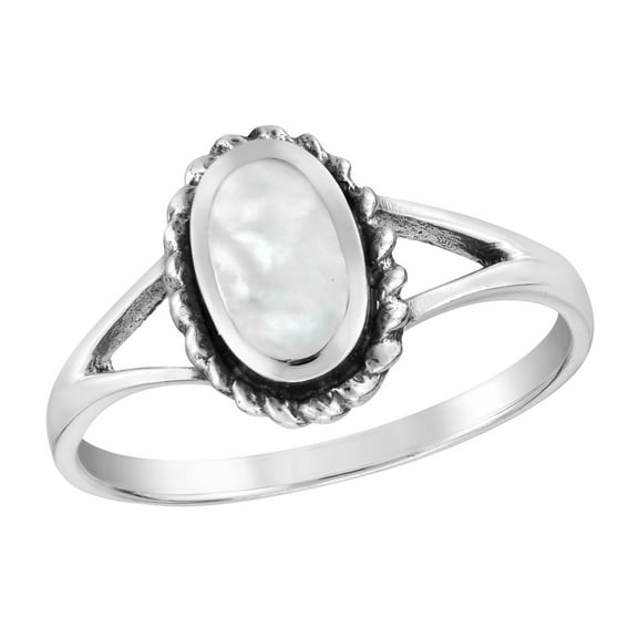 AeraVida Classic Elegance Oval White Mother of Pearl Inlay Sterling Silver Band Ring for Female Anniversary Size-7