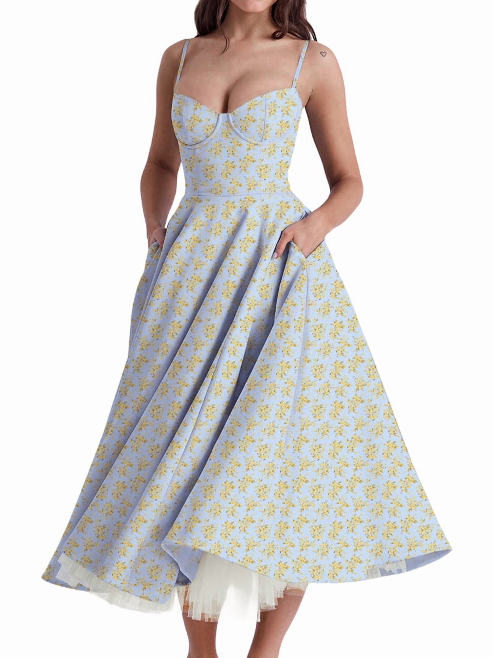 Wedding Guest Dresses for Women Spaghetti Straps Corset Homecoming Floral Lace Maxi Prom Dresses Blue Bottom L