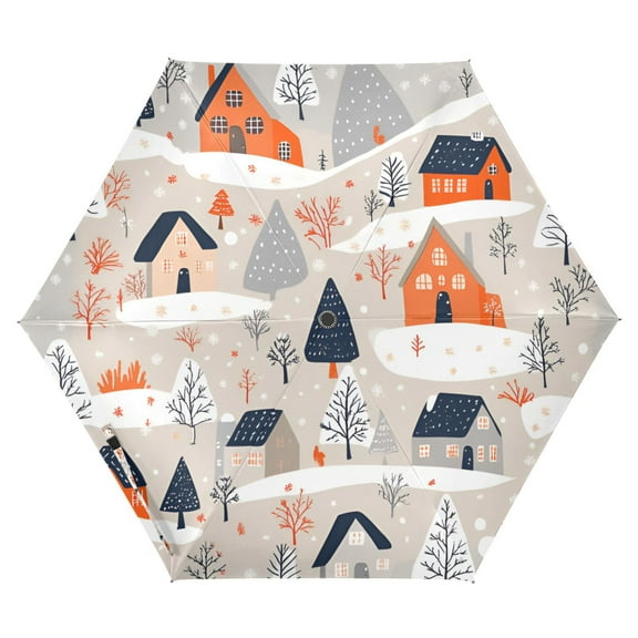 FORMRS Travel Umbrella Folding Auto Open Close Windproof Rain UV Protection, Cartoon Gray Houses