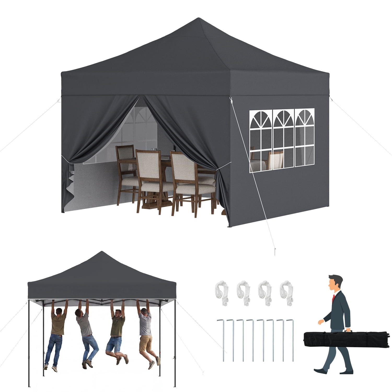 BaPiPro 10'x10' Pop Up Canopy Tent with 4 Removable Sidewalls, Adjustable Height Instant Outdoor Canopy, Portable Sun Shade Shelter with 4 Sandbags, Easy Setup for Parties, Camping, Events, Gray
