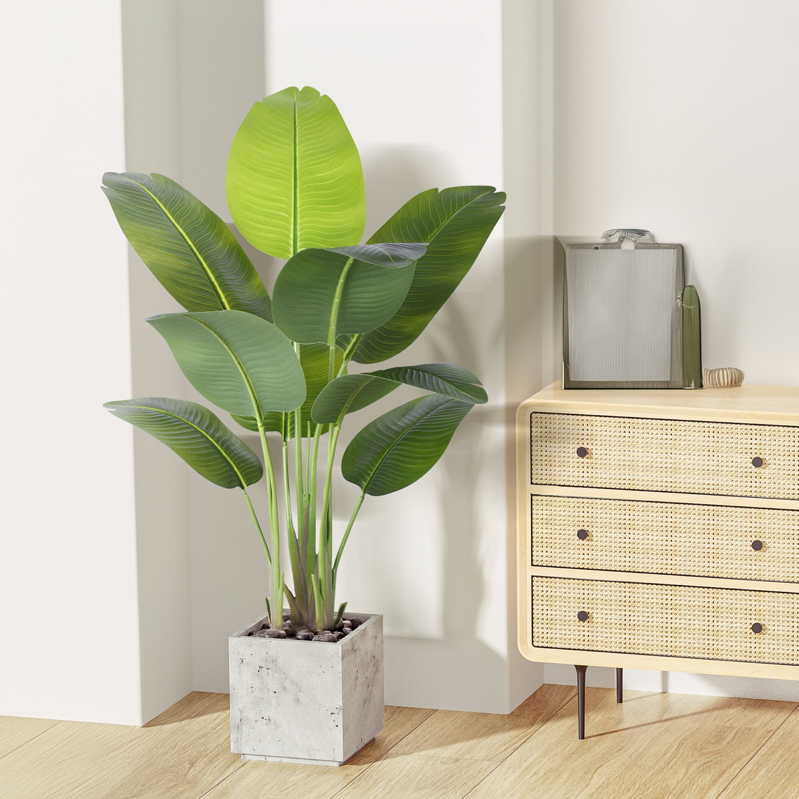 Artificial Bird of Paradise Plant 4Ft Tall Fake Tropical Palm Tree Large Fake Plants with 9 Silk Banana Leaves Faux Plant Indoor Decor Trees with White Pot for Home Bedroom Living Room Office