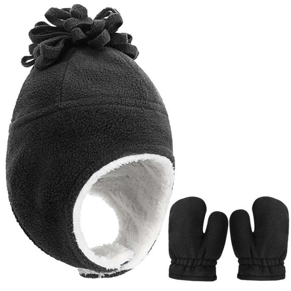 Deago Toddler Baby Winter Hat Mitten Set Kids Boys Girls Gloves Warm Earflap Fleece Sherpa Lined (Black)