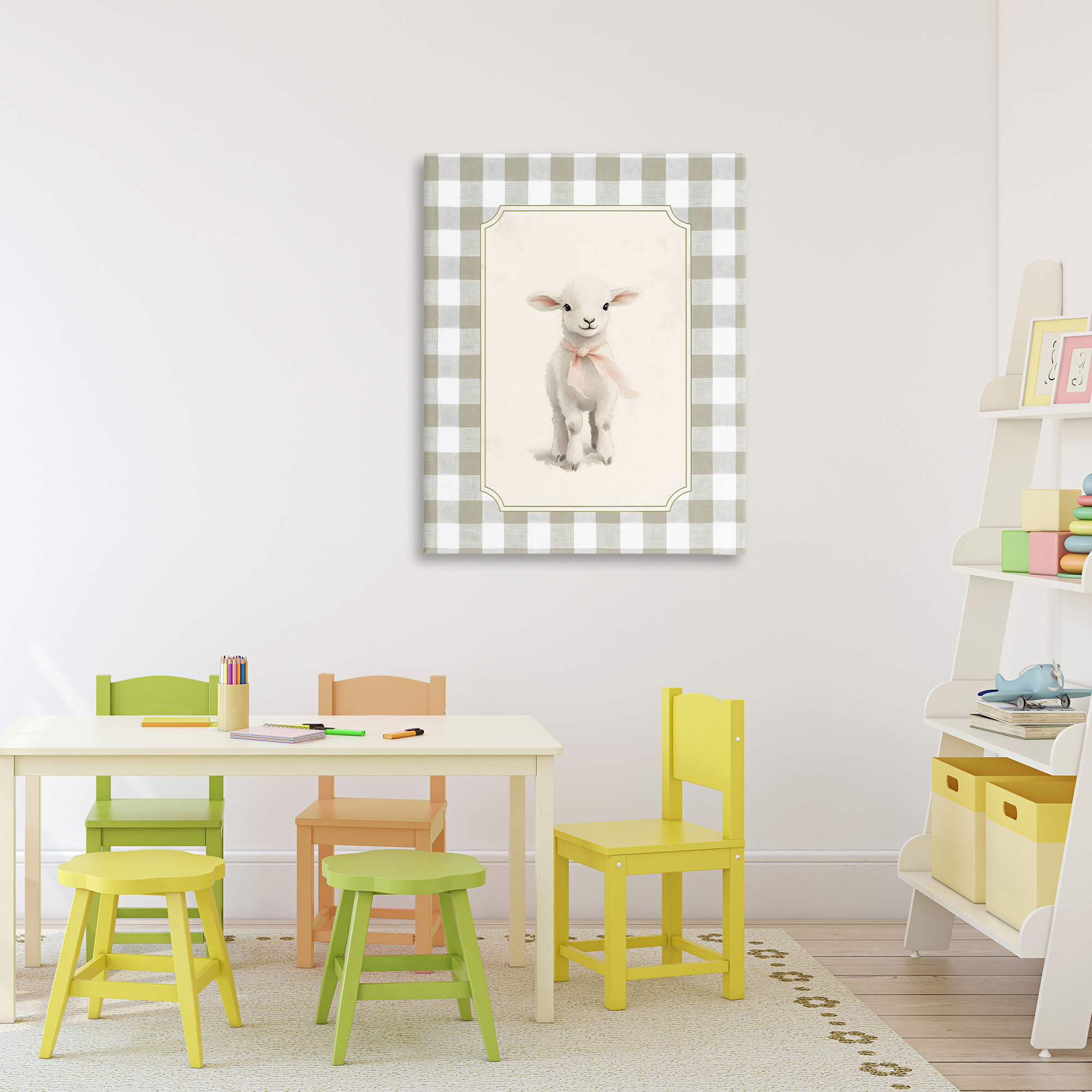 Stupell Industries Gingham Lamb with Pink Ribbon Canvas Wall Art, design by Arlington Prints