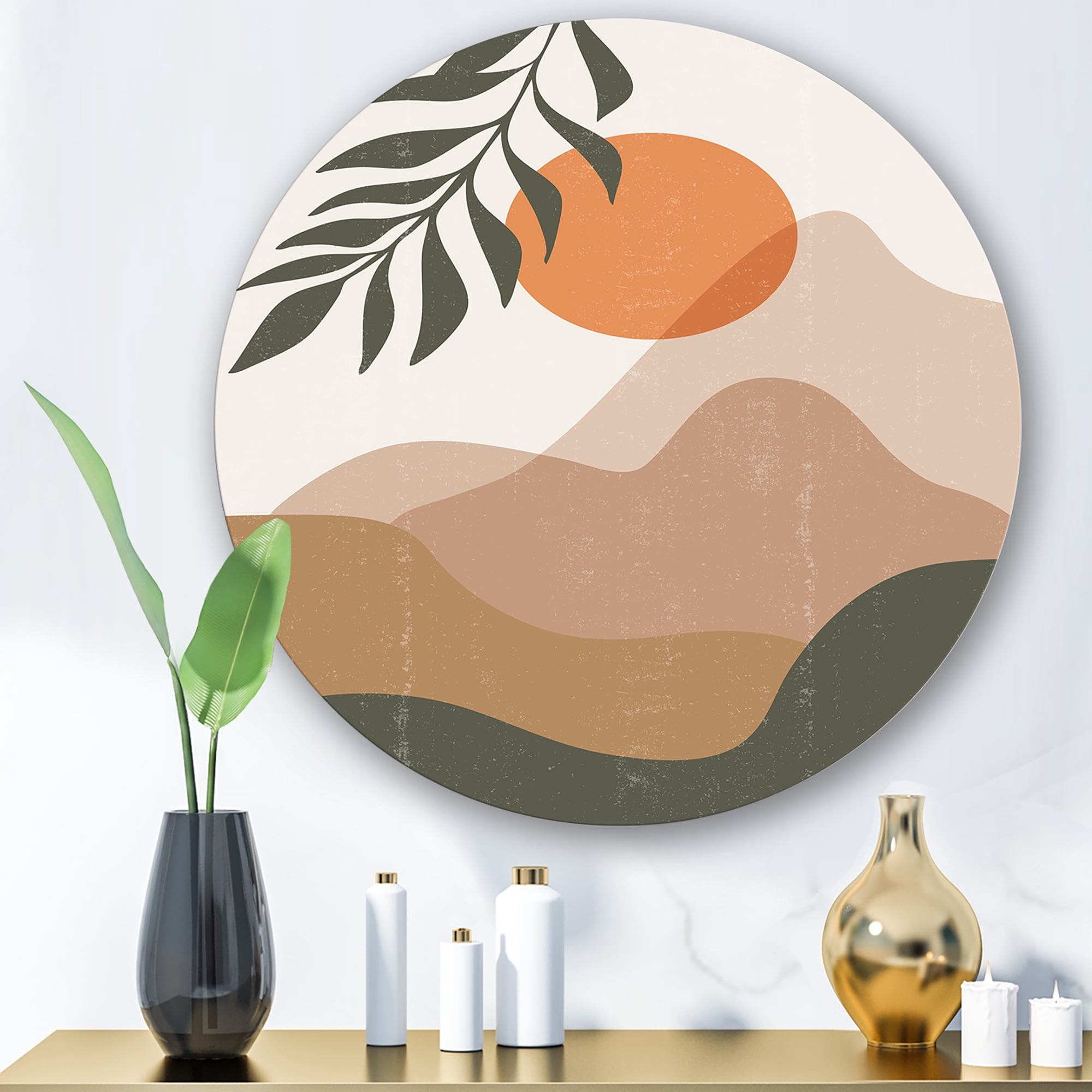 Designart 'Abstract Earth Toned Mountains With Red Moon I' Modern Circle Metal Wall Art 11x11 - Disc of 11