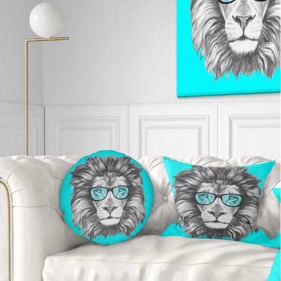 Designart Funny Lion with Blue Glasses - Animal Throw Pillow - 12x20