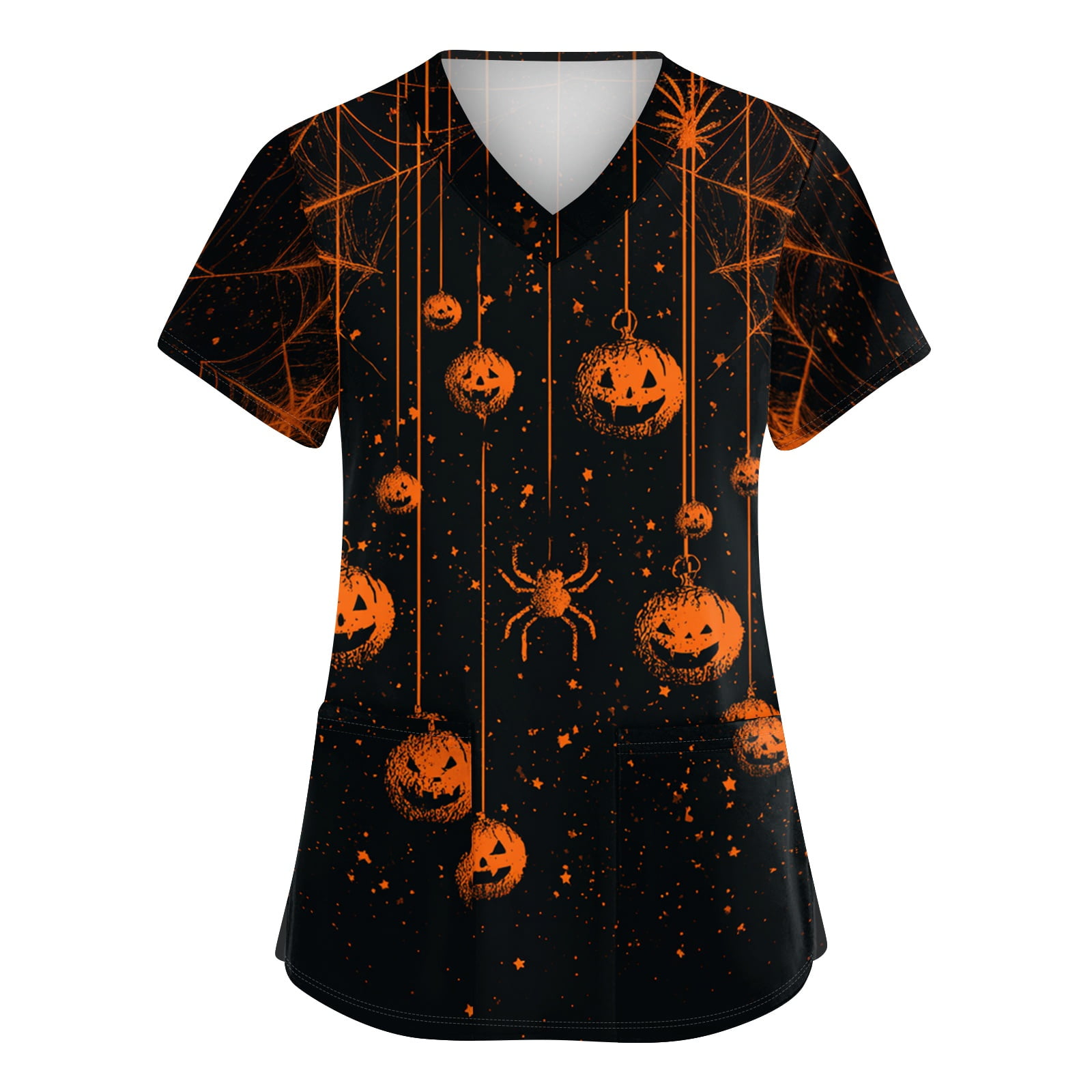 Nursing Short Sleeve V-Neck Halloween Scrub Tops for Women with Pockets Medical Breathable Uniform Workwear Tunic for Clinic Caregivers Nurses Black L
