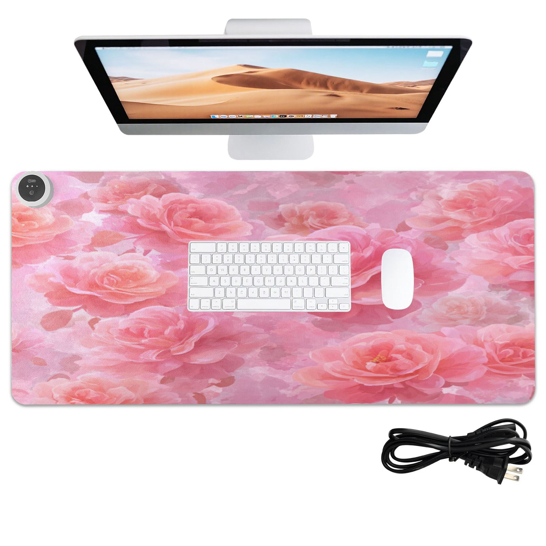 Large Heated Desk Mat Mouse Pad 31.5"x13"PU Leather Graphene Heating Desk Warmer with 3 Temperature Settings 110V US Plug Non-Slip Warm Pad for Home, Office, and Gaming Pale Pink Roses Pattern